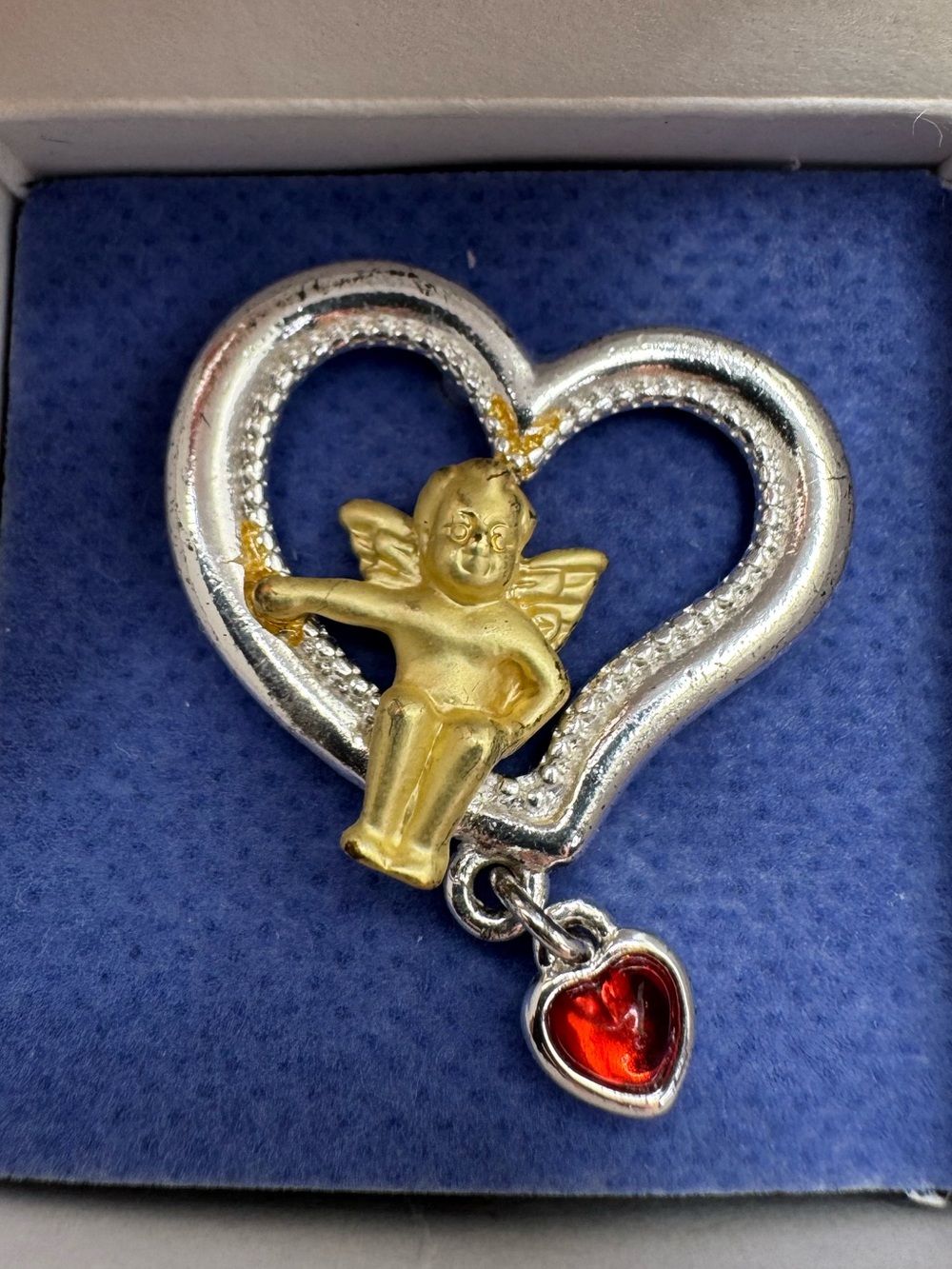 Avon 2006 Angel in Heart Pin Gold Cherub Brooch Red Heart Charm
